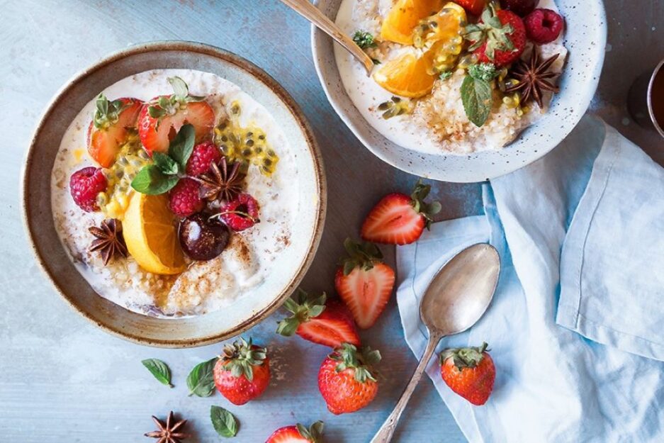 healthy breakfast with porridge, fruit and yoghurt